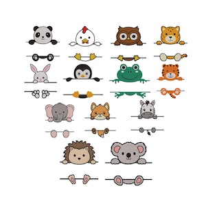 Könnte beinhalten: Eine Sammlung farbenfroher Cartoon-Tiergrafiken, darunter ein Panda, ein Huhn, eine Eule und ein Leopard. Jedes Tier hat einen einzigartigen Ausdruck und ist mit einer dekorativen Linie versehen.