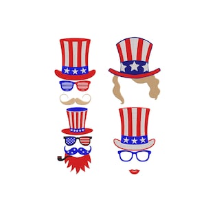 Könnte beinhalten: Gestickte patriotische Designs mit Uncle Sam-Hüten, Sonnenbrillen, Schnurrbärten, Bärten und Lippen. Die Hüte sind rot, weiß und blau mit Sternakzenten. Die Sonnenbrillen und Lippen sind in verschiedenen Farben, die Schnurrbärte und Bärte sind beige und rot.