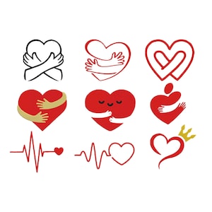 Könnte beinhalten: Eine Sammlung von neun Illustrationen zum Thema Herzen. Die Designs umfassen Herzen mit umarmenden Armen, verschlungene Herzen, ein Herz mit einer Krone und eine Herzschlaglinie mit einem Herzen.