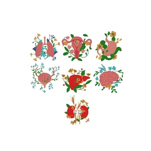 May include: A collection of seven embroidered human organ illustrations, including lungs, uterus, stomach, bladder, liver, brain, and kidneys, each intricately surrounded by colorful floral and botanical elements in shades of red, green, and blue.