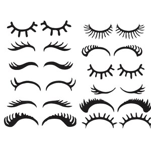 Op de afbeelding: Een verzameling zwarte wimperontwerpen in verschillende stijlen, waaronder gesloten en open oogvormen. De wimpers worden afgebeeld met verschillende gradaties van krul en dikte, geschikt voor beautyprojecten.