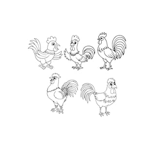 May include: Five black and white cartoon rooster illustrations. Each rooster has a unique pose, with details like a comb, wattle, and detailed tail feathers. The roosters are set against a plain white background.