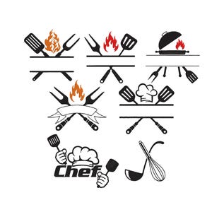 May include: A selection of black and white barbecue-themed logos. Each logo features grilling tools such as spatulas and forks, flames, and a chef's hat. Some designs include space for text, and the word "Chef" is present in one.