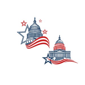 May include: Two illustrations of the U.S. Capitol building in blue and red, with a waving red and white banner and stars. The designs are on a white background, evoking a patriotic theme.