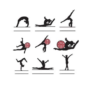 May include: Black silhouette images of gymnasts in various poses, including handstands, splits, and backbends. Each image has a blank space below for personalization. Some images include a circular monogram with the letters "AAA".
