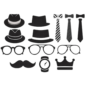Retro gentlemanbroderi, herrmodebroderi, broderifiler för herrsaker, hatt, glasögon, slips, klocka, mustaschbroderi, 6 storlekar