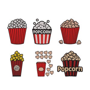 Puede incluir: Seis diseños de palomitas de maíz bordadas. Cada diseño presenta un recipiente de palomitas de maíz a rayas rojas y blancas lleno de palomitas de maíz. Algunos diseños incluyen la palabra "Popcorn". Las palomitas son blancas o amarillas.