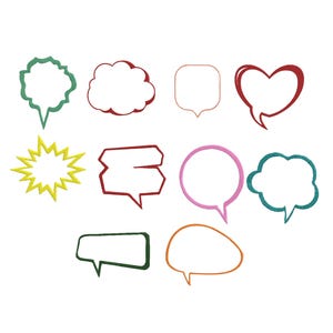 May include: A selection of speech bubble designs in diverse shapes, such as a cloud, heart, and starburst. The outlines are in green, red, yellow, pink, and orange. These graphic elements are suitable for digital art, scrapbooking, and design projects.