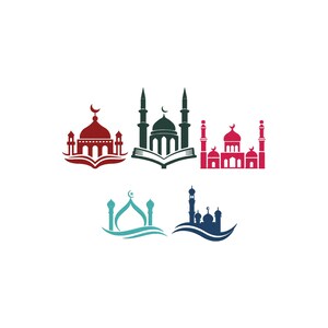 Pode incluir: Uma coleção de ilustrações estilizadas de mesquitas em várias cores, incluindo vermelho, verde, azul turquesa e azul marinho. Cada design apresenta minaretes e cúpulas, com alguns incorporando símbolos de lua crescente. As imagens estão em um fundo branco.