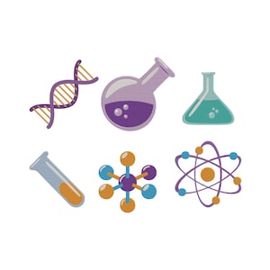 May include: A collection of science-themed illustrations. Includes a DNA strand, a round flask with purple liquid, a conical flask with teal liquid, a test tube with orange liquid, a molecular structure, and an atom model.