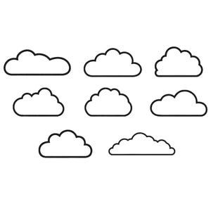 Könnte beinhalten: Eine Sammlung von acht schwarz-weißen Wolkenillustrationen. Jede Wolke hat einen einfachen Umriss, mit unterschiedlichen Formen und Größen, geeignet für Wetter-Designs oder digitale Kunstprojekte.