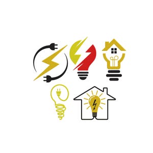 May include: A collection of embroidered electrical-themed designs. The designs include a yellow lightning bolt with a black outline, a red and yellow lightning bolt inside a lightbulb, and a house with a lightbulb inside.