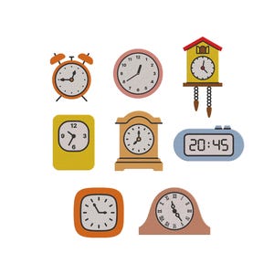 May include: A collection of various clocks in different shapes and styles. Includes a classic orange alarm clock, a pink round clock, a yellow cuckoo clock, a yellow square clock, a wooden clock, a blue digital clock, an orange square clock, and a pink arched clock.