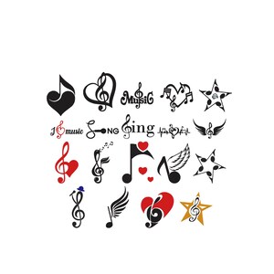 May include: A collection of twenty black, red, and gold music-themed graphic decals featuring treble clefs, hearts, stars, wings, and the text "music", "song", and "sing" arranged in a grid pattern on a plain white background for decorative use.