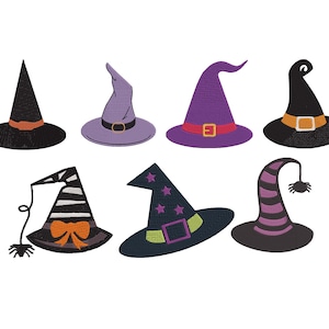 May include: A collection of seven embroidered witch hats in various colors and designs. The hats include black, purple, and green, with details like buckles, stars, stripes, and a spider. The hats are for Halloween.