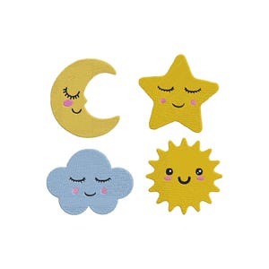 Sol, måne, moln och stjärna, broderidesign, himmelpaket, maskinbroderi, estetisk broderidesign, naturlig broderifil, 6 storlekar
