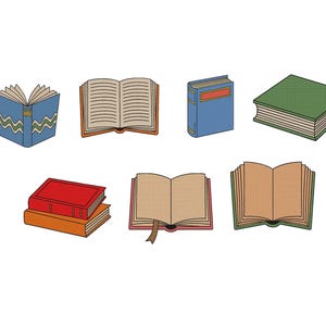May include: A collection of illustrated books in various styles. The books are in different colors, including blue, green, red, and orange. Some are open, displaying the pages, while others are closed.