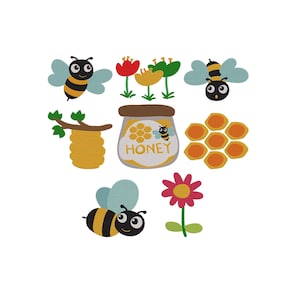 May include: A collection of bee-themed illustrations, including bees, flowers, a honeycomb, and a jar of honey with the word "HONEY" on it. The bees are black and yellow with blue wings. The flowers are red, yellow, and pink.