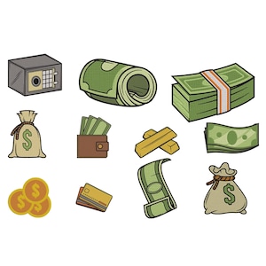 May include: A set of illustrated financial icons on a white background. Includes a grey safe, a roll of green notes, stacks of cash, a money bag, a brown wallet, gold bars, coins, a credit card, and a single note.