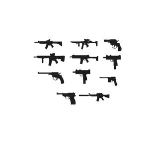 Könnte beinhalten: Eine Sammlung von zehn schwarzen Silhouetten verschiedener Schusswaffen, die in einem Raster angeordnet sind. Das Set enthält verschiedene Arten von Gewehren, Maschinenpistolen und Handfeuerwaffen, jeweils mit markanten Lauf- und Schaftformen.