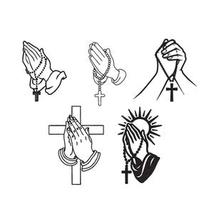 Könnte beinhalten: Schwarz-Weiß-Strichzeichnungen von betenden Händen mit Rosenkränzen und Kreuzen. Die Bilder zeigen verschiedene Anordnungen von Händen, Rosenkränzen und Kreuzen, passend für religiöse oder spirituelle Themen.