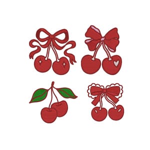 May include: Four embroidered cherry designs. Two pairs of cherries are adorned with red bows, one with a heart detail. The other two designs feature cherries with green leaves. All designs are on a white background.