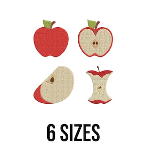 Op de afbeelding: Een geborduurd ontwerp met vier appelillustraties: een hele rode appel, een doorsnede, een plak en een appelklokhuis. De tekst "6 MATEN" wordt eronder weergegeven. De ontwerpen staan op een witte achtergrond.