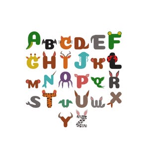 Könnte beinhalten: Ein farbenfrohes Alphabet, bei dem jeder Buchstabe mit einem Tiermotiv gestaltet ist. Die Buchstaben sind in verschiedenen Farben gehalten, darunter Grün, Orange, Braun und Blau, mit Tiermerkmalen wie Giraffe, Fledermaus und Tiger.