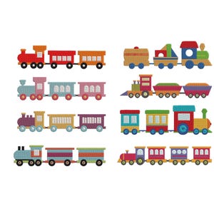 May include: A collection of colorful toy train designs. Each train features a locomotive and multiple cars in various shapes and colors, including red, blue, yellow, and green. The designs are suitable for children's crafts and projects.
