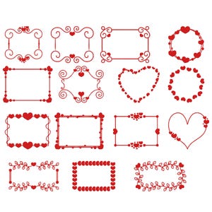 May include: A collection of red heart-themed frames and borders in various shapes and styles. Designs include rectangular, circular, and heart-shaped frames, perfect for Valentine's Day or romantic projects. The frames are outlined in red.