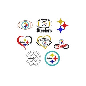May include: A collection of eight graphic designs featuring the Pittsburgh Steelers logo, including variations with footballs, hearts, infinity symbols, and the word Steelers in black text, utilizing yellow, red, blue, and black colors.