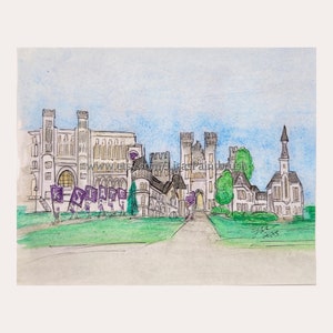 Kansas State University campus memorial Stadium Inspired Watercolor Painting KSU Wildcats Football Manhattan Anderson Hall Holten Fan Fun