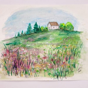 Impressionist Landscape Watercolor Painting: White House, Wildflowers, Midwest Art