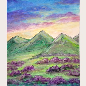 Purple Mountain Flowers at Sunset Nature Impressionist Watercolor Tranquil Lavender Landscape Purple Clouds Serene