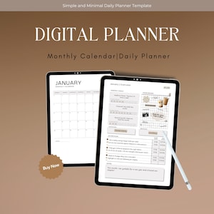 Könnte beinhalten: Zwei digitale Tablets, die einen digitalen Planer anzeigen. Eines zeigt einen Januar-Monatskalender, das andere eine Januar-Übersicht mit einem Vision Board und einem Aktionsplan. Ein Stift liegt auf dem zweiten Tablet. Der Text "DIGITAL PLANNER" steht oben.
