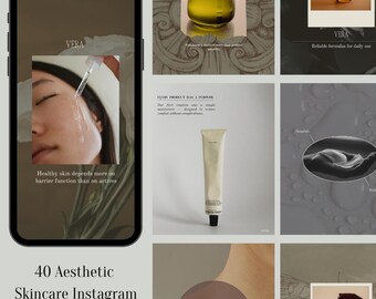 Skincare Brand Instagram Templates Canva | 40 Minimalist Aesthetic Social Media Post Designs for Beauty & Wellness Brands