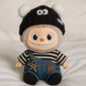 Handmade Striped Shirt & Denim Overall Outfit for Labubu Doll – Cute Beanie Hat with Glasses – Doll Clothes – Doll Not Included