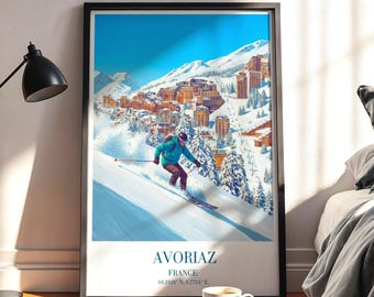 Póster vintage de las estaciones de esquí de Avoriaz, Francia: regalo de esquí, Alpes franceses retro, deportes de invierno