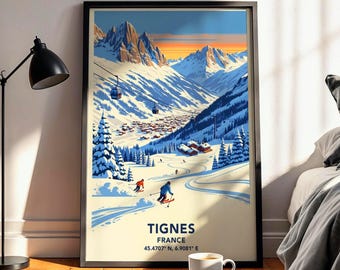 Vintage Ski Print Tignes Ski Resorts Poster: Skiier Gift, Retro French Alps Travel Art