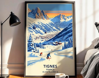 Vintage Tignes Ski Resorts Poster: Skiier Gift, Retro French Alps Travel Art