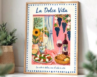 La Dolce Vita Print: Gourmet wall art, Mediterranean Decor, Colourful Kitchen Food & Wine Poster