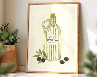Olive Oil Bottle Poster: Earthy Tones, Neutral palette, Mediterranean Art