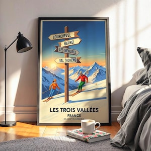 Les Trois Vallées Vintage Ski Poster – Retro French Alps Travel Print, Nostalgic Winter Art
