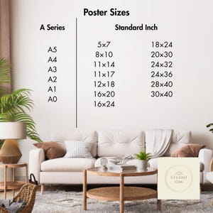 May include: Poster size chart with A Series and Standard Inch measurements. A Series includes A5, A4, A3, A2, A1, and A0 sizes. Standard Inch sizes are 5x7, 8x10, 11x14, 11x17, 12x18, 16x20, 16x24, 18x24, 20x30, 24x32, 24x36, 28x40, and 30x40.