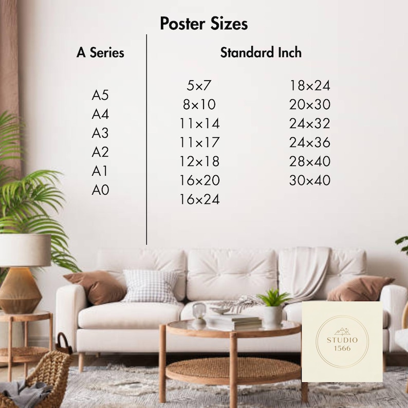 May include: Poster size chart with A Series and Standard Inch measurements. A Series includes A5, A4, A3, A2, A1, and A0 sizes. Standard Inch sizes are 5x7, 8x10, 11x14, 11x17, 12x18, 16x20, 16x24, 18x24, 20x30, 24x32, 24x36, 28x40, and 30x40.