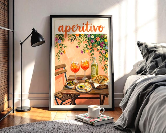 Aperitivo Aperol Spritz: Painterly Prints, Gourmet Gift, Table Setting Art, Peach Mediterranean decor