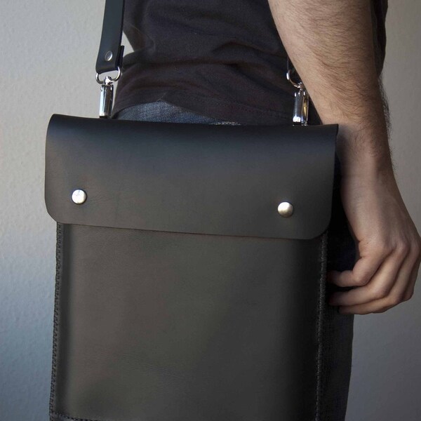 NEW 13 inch MacBook Air case, MacBook Air 13 case, 13 inch Air MacBook sleeve- black leather with pocket and adjustable strap