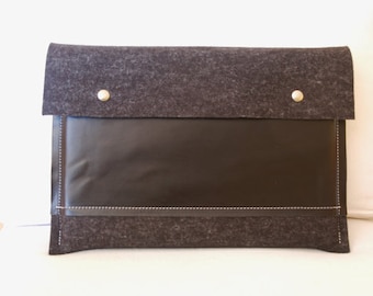 13 inch MacBook case, Macbook Pro 13 Case, 13 Macbook Bag, Macbook Pro Retina Case, MacBook case - Anthracite felt & black leather