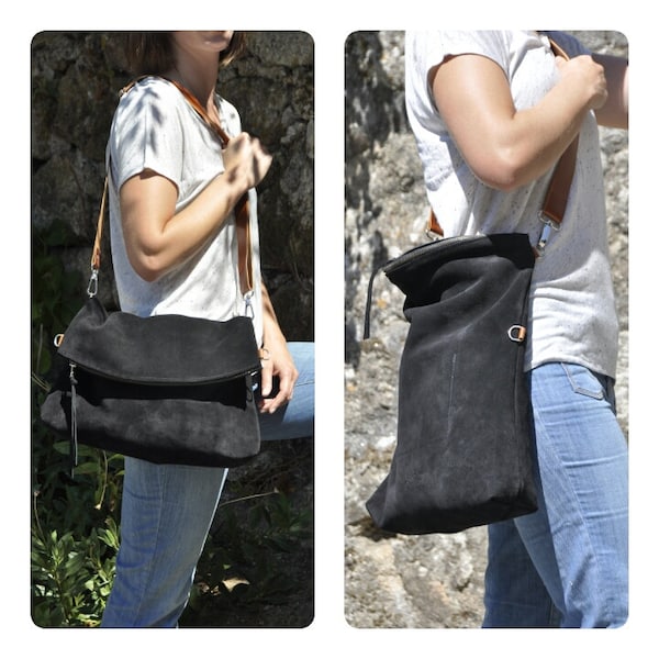 OFERTA - Bolso bandolera bolso convertible bolso de cuero correa ajustable cierre de cremallera - modelo LUCI en cuero negro