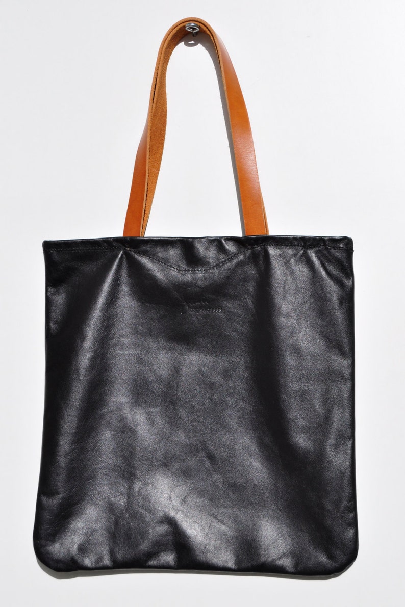 OFFER Leather tote bag black tote bag black leather tote bag everyday bag casual bag Black leather with brown leather straps image 5